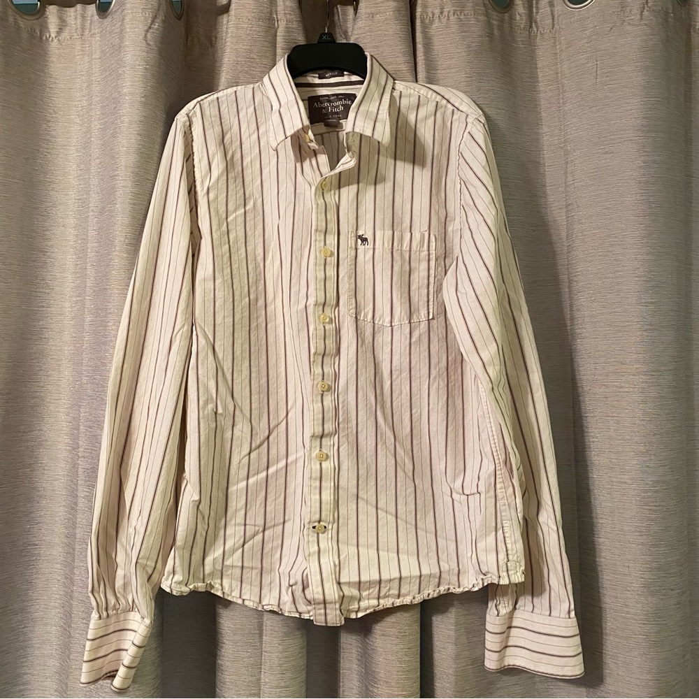 Abercrombie & Fitch Men's White/Grey stripes Long Sleeve Button Down Dress Shirt